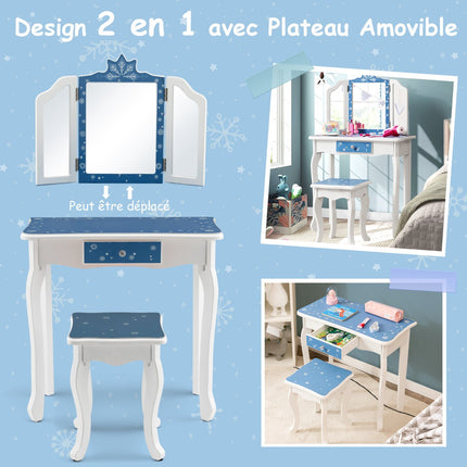 Kids Vanity Table Set With Tri-Fold Mirror, Stool, Blue