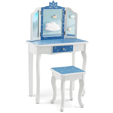 Kids Vanity Table Set With Tri-Fold Mirror, Stool, Blue