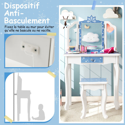 Kids Vanity Table Set With Tri-Fold Mirror, Stool, Blue