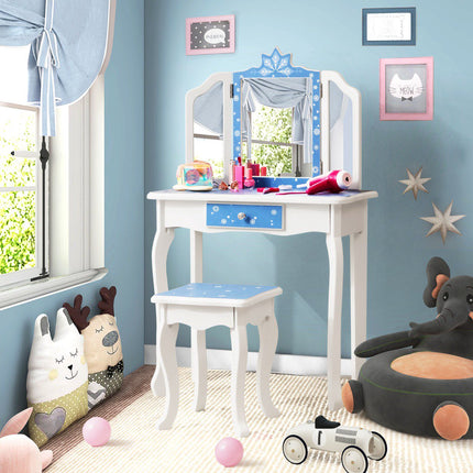 Kids Vanity Table Set With Tri-Fold Mirror, Stool, Blue