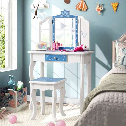 Kids Vanity Table Set With Tri-Fold Mirror, Stool, Blue