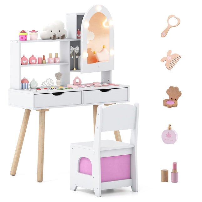 Kinderschminktisch-Set mit 3-Farben-LED-Spiegel, Stuhl