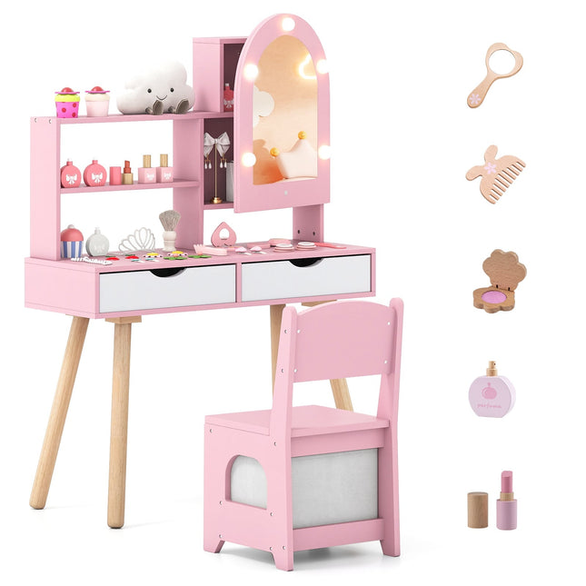 Kinderschminktisch-Set mit 3-farbigem LED-Spiegel, Pink