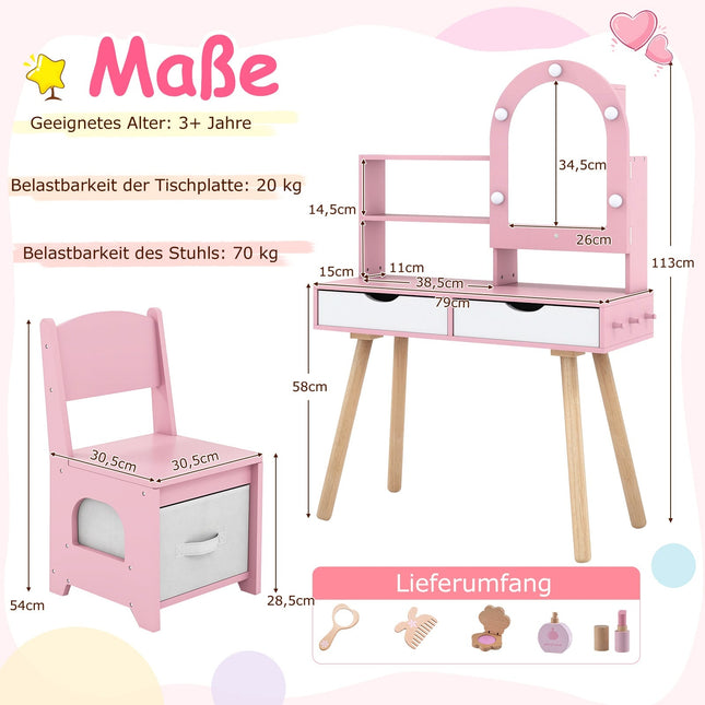 Kinderschminktisch-Set mit 3-farbigem LED-Spiegel, Pink