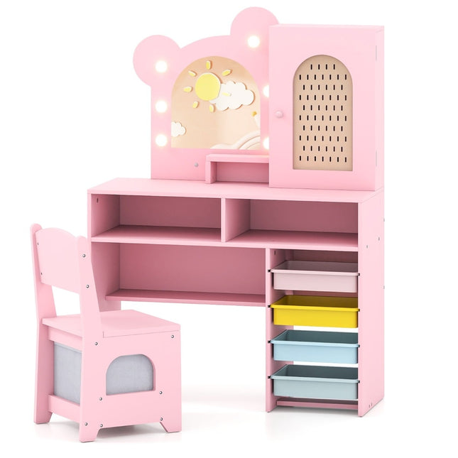 Kinderschminktisch-Set mit Lichtern, Stuhl, Aufbewahrung, Pink