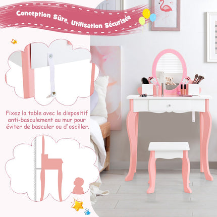 Kids Vanity Table Set with Stool, Mirror, Drawer