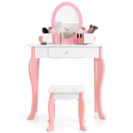 Kids Vanity Table Set with Stool, Mirror, Drawer