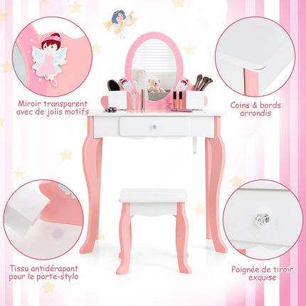 Kids Vanity Table Set with Stool, Mirror, Drawer