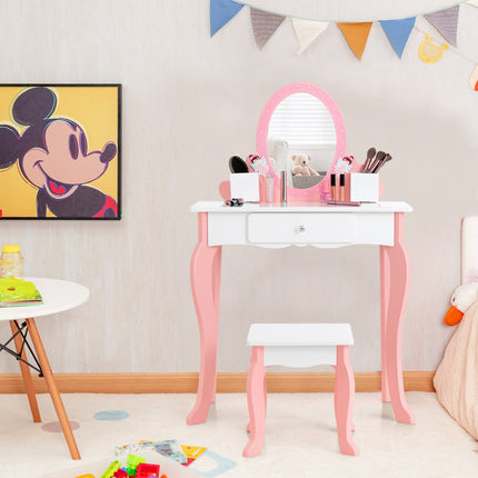 Kids Vanity Table Set with Stool, Mirror, Drawer