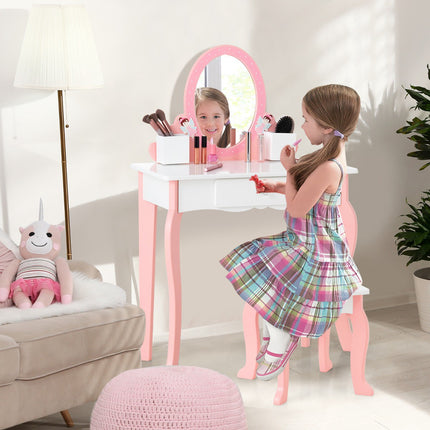 Kids Vanity Table Set with Stool, Mirror, Drawer