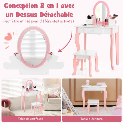 Kids Vanity Table Set with Stool, Mirror, Drawer