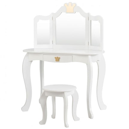 Kids Vanity Table Set with Stool, Tri-Fold Mirror, Drawer