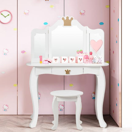 Kids Vanity Table Set with Stool, Tri-Fold Mirror, Drawer