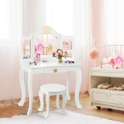 Kids Vanity Table Set with Stool, Tri-Fold Mirror, Drawer