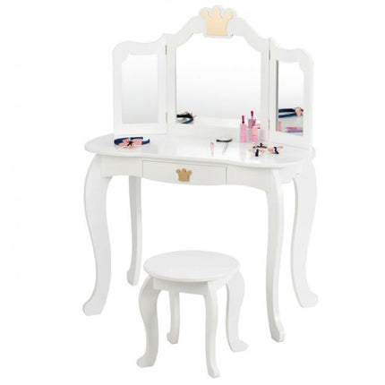 Kids Vanity Table Set with Stool, Tri-Fold Mirror, Drawer