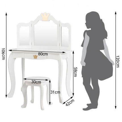 Kids Vanity Table Set with Stool, Tri-Fold Mirror, Drawer