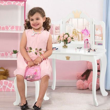 Kids Vanity Table Set with Stool, Tri-Fold Mirror, Drawer