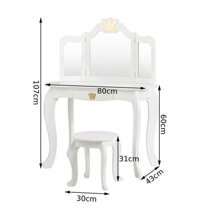 Kids Vanity Table Set with Stool, Tri-Fold Mirror, Drawer