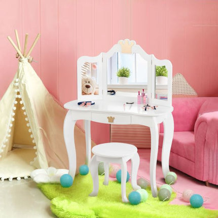 Kids Vanity Table Set with Stool, Tri-Fold Mirror, Drawer