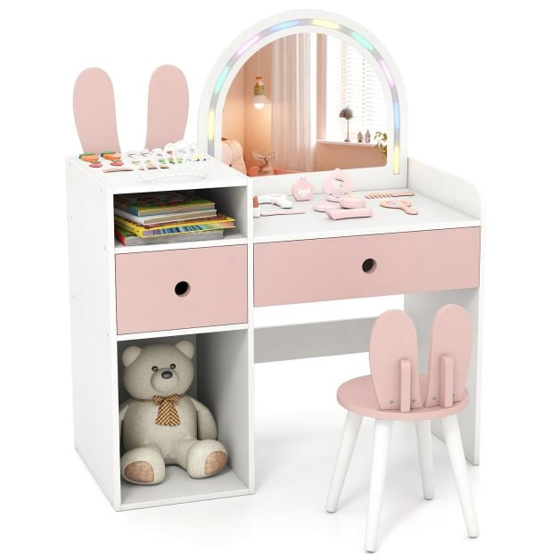 Kinderschminktisch mit beleuchtetem Spiegel, Regalen, Stuhl