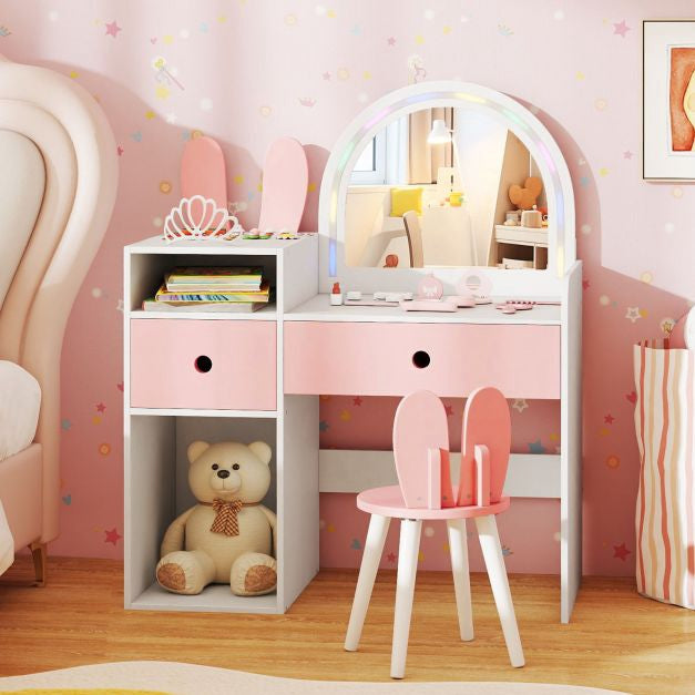 Kinderschminktisch mit beleuchtetem Spiegel, Regalen, Stuhl