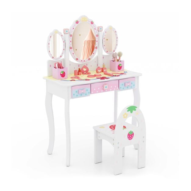 Kinderschminktisch und -stuhl-Set, 2-in-1-Schreibtisch, Spiegel, Stauraum