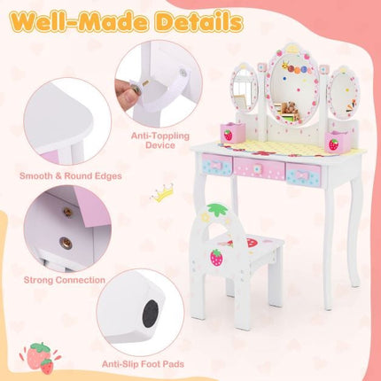 Kinderschminktisch und -stuhl-Set, 2-in-1-Schreibtisch, Spiegel, Stauraum