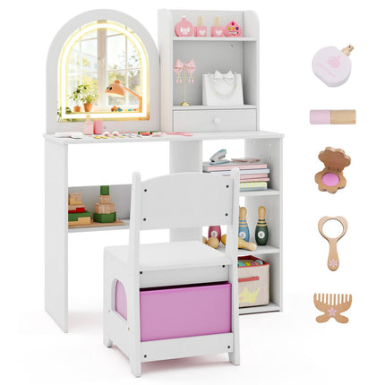 Kinderschminktisch und Stuhl-Set mit 3-farbig beleuchtetem Spiegel