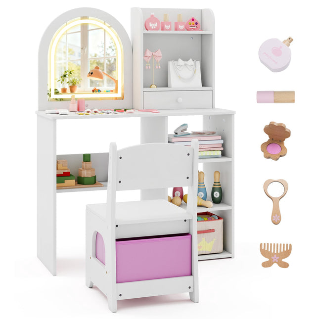 Kinderschminktisch und Stuhl-Set mit 3-farbig beleuchtetem Spiegel