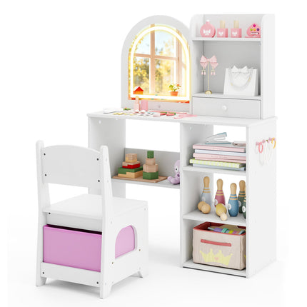 Kinderschminktisch und Stuhl-Set mit 3-farbig beleuchtetem Spiegel