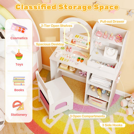 Kinderschminktisch und Stuhl-Set mit 3-farbig beleuchtetem Spiegel