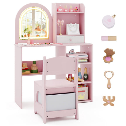 Kinderschminktisch mit Stuhl-Set, 3-farbig beleuchteter Spiegel, Pink