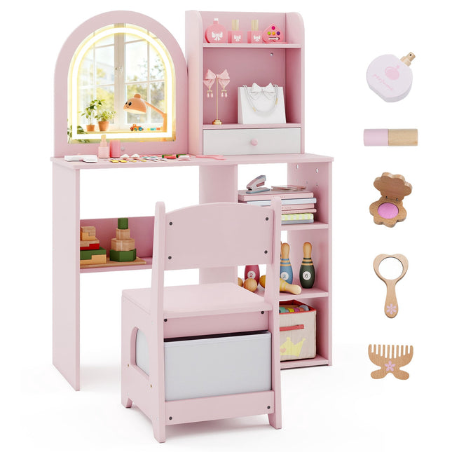 Kinderschminktisch mit Stuhl-Set, 3-farbig beleuchteter Spiegel, Pink