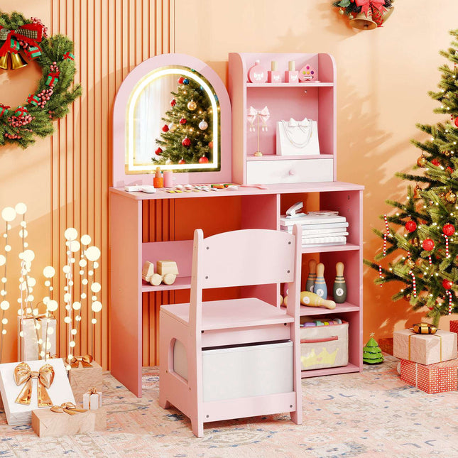 Kinderschminktisch mit Stuhl-Set, 3-farbig beleuchteter Spiegel, Pink