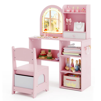 Kinderschminktisch mit Stuhl-Set, 3-farbig beleuchteter Spiegel, Pink
