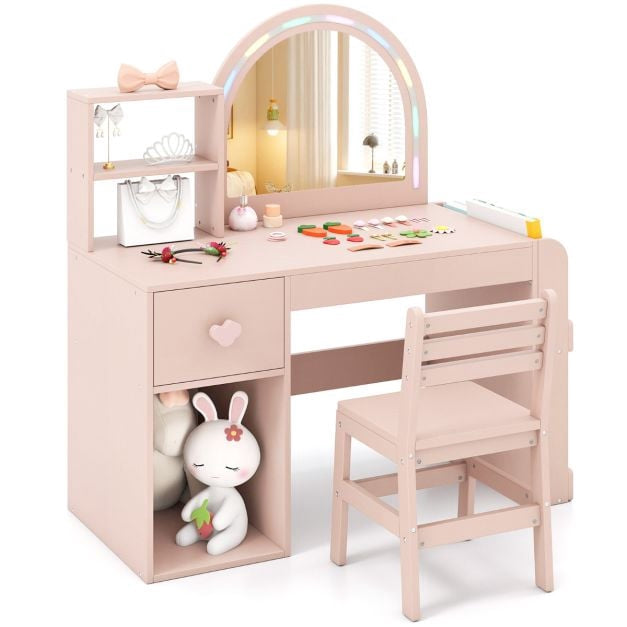 Kinder Schminktisch und Stuhl-Set, beleuchteter Spiegel, Pink