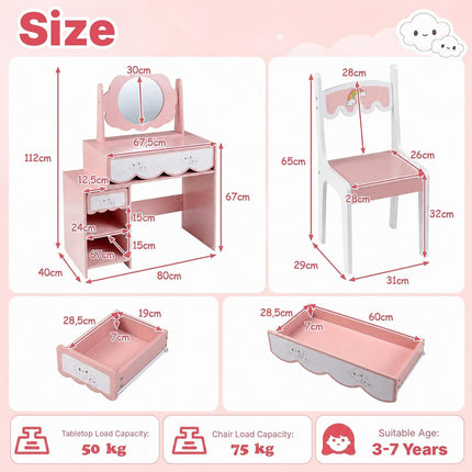 Kids Vanity Table and Chair Set with 360° Rotating Mirror, Pink, Ages 3-7