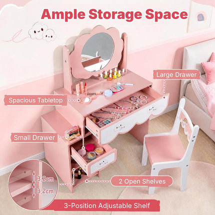Kids Vanity Table and Chair Set with 360° Rotating Mirror, Pink, Ages 3-7