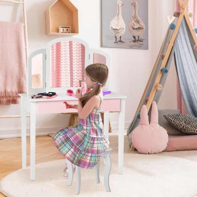Schminktisch-Set für Kinder mit Hocker, Dreifachspiegel, Weiß