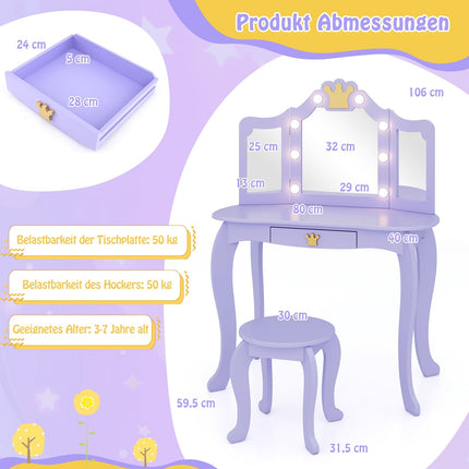 Kinderschminktisch mit Lichtern, dreifachem Spiegel, Lila