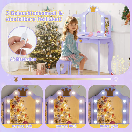 Kinderschminktisch mit Lichtern, dreifachem Spiegel, Lila