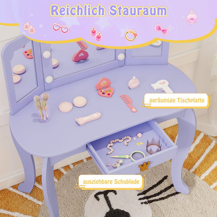 Kinderschminktisch mit Lichtern, dreifachem Spiegel, Lila