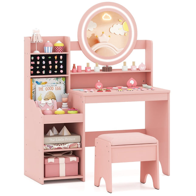 Kinderschminktisch mit Spiegel, Licht und Hocker – Pink