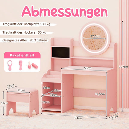 Kinderschminktisch mit Spiegel, Licht und Hocker – Pink