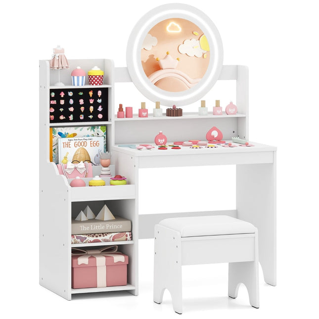 Kinderschminktisch mit Spiegel & Licht, Weiß, Stauraum & Hocker