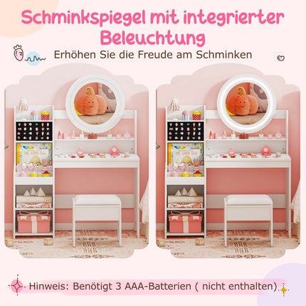 Kinderschminktisch mit Spiegel & Licht, Weiß, Stauraum & Hocker
