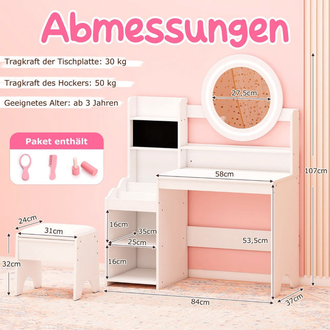 Kinderschminktisch mit Spiegel & Licht, Weiß, Stauraum & Hocker