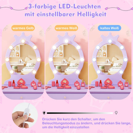 Kids Vanity Table with Removable Mirror & LED Lights