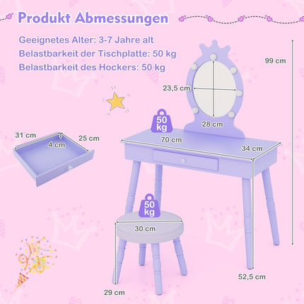 Kids Vanity Table with Removable Mirror & LED Lights