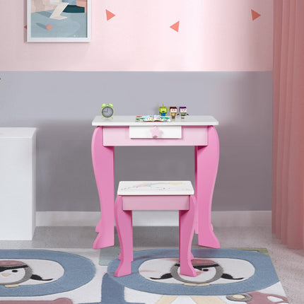 Kids Vanity Table with Stool, Removable Mirror & Drawer